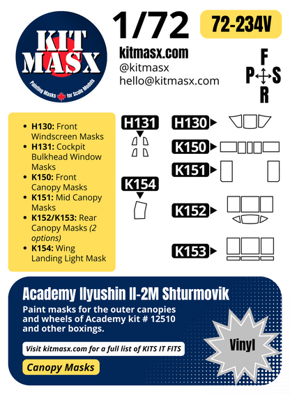 Academy Ilyushin Il-2M Shturmovik 1/72 Canopy Paint Masks, Kit # 12510