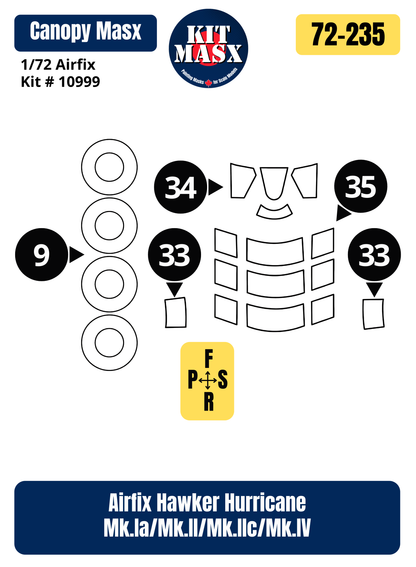 Airfix Hawker Hurricane Mk.Ia/Mk.II/Mk.IIc/Mk.IV 1/72 Canopy & Wheel Paint Masks, Kit # 10999