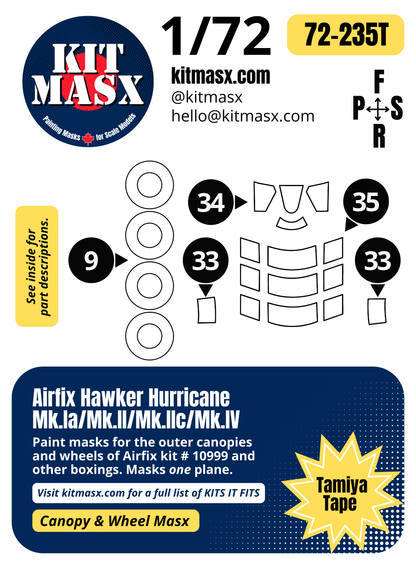 Airfix Hawker Hurricane Mk.Ia/Mk.II/Mk.IIc/Mk.IV 1/72 Canopy & Wheel Paint Masks, Kit # 10999