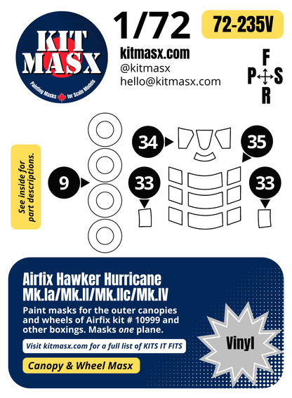 Airfix Hawker Hurricane Mk.Ia/Mk.II/Mk.IIc/Mk.IV 1/72 Canopy & Wheel Paint Masks, Kit # 10999