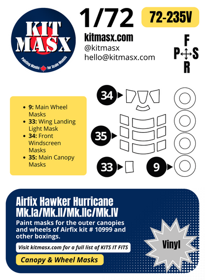 Airfix Hawker Hurricane Mk.Ia/Mk.II/Mk.IIc/Mk.IV 1/72 Canopy & Wheel Paint Masks, Kit # 10999