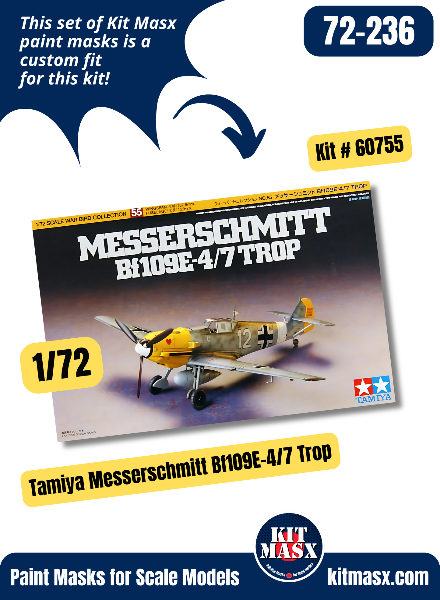 Tamiya Messerschmitt Bf 109E-4/7 1/72 Canopy & Wheel Paint Masks, Kit # 60755