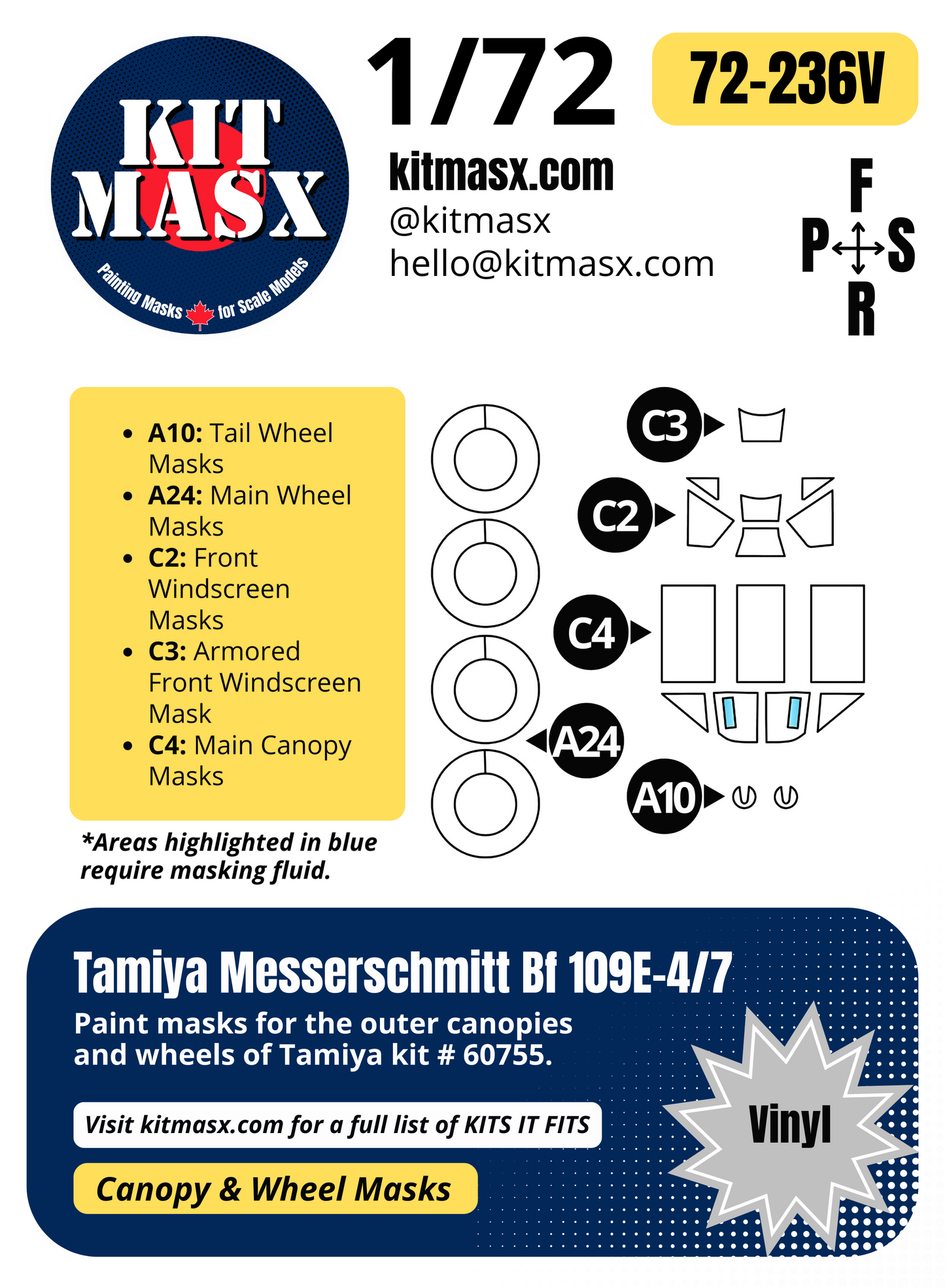 Tamiya Messerschmitt Bf 109E-4/7 1/72 Canopy & Wheel Paint Masks, Kit # 60755