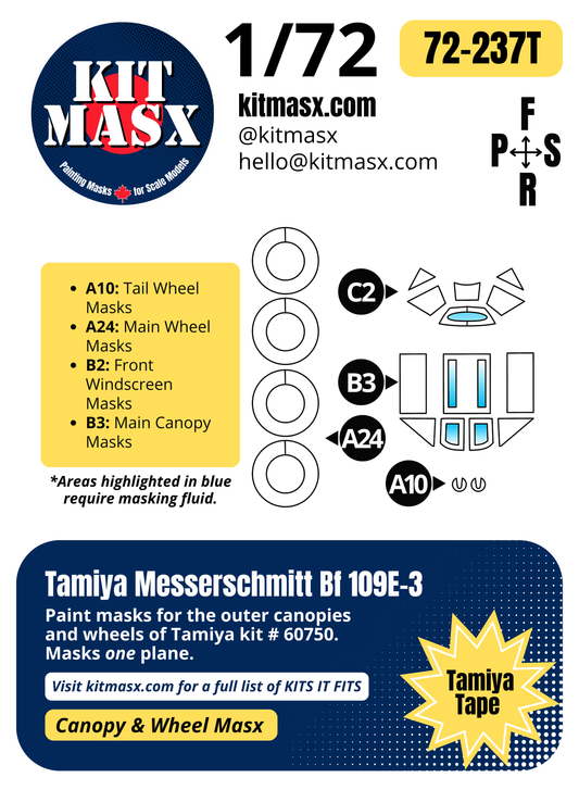 Tamiya Messerschmitt Bf 109E-3 1/72 Canopy & Wheel Paint Masks, Kit # 60750