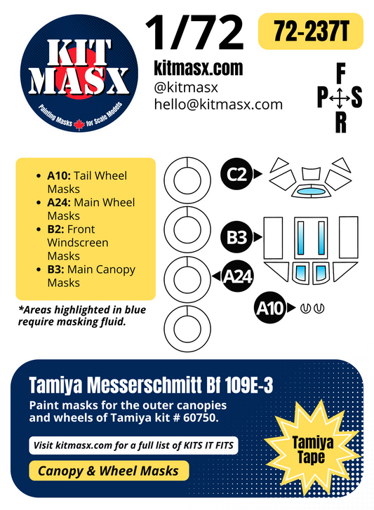 Tamiya Messerschmitt Bf 109E-3 1/72 Canopy & Wheel Paint Masks, Kit # 60750