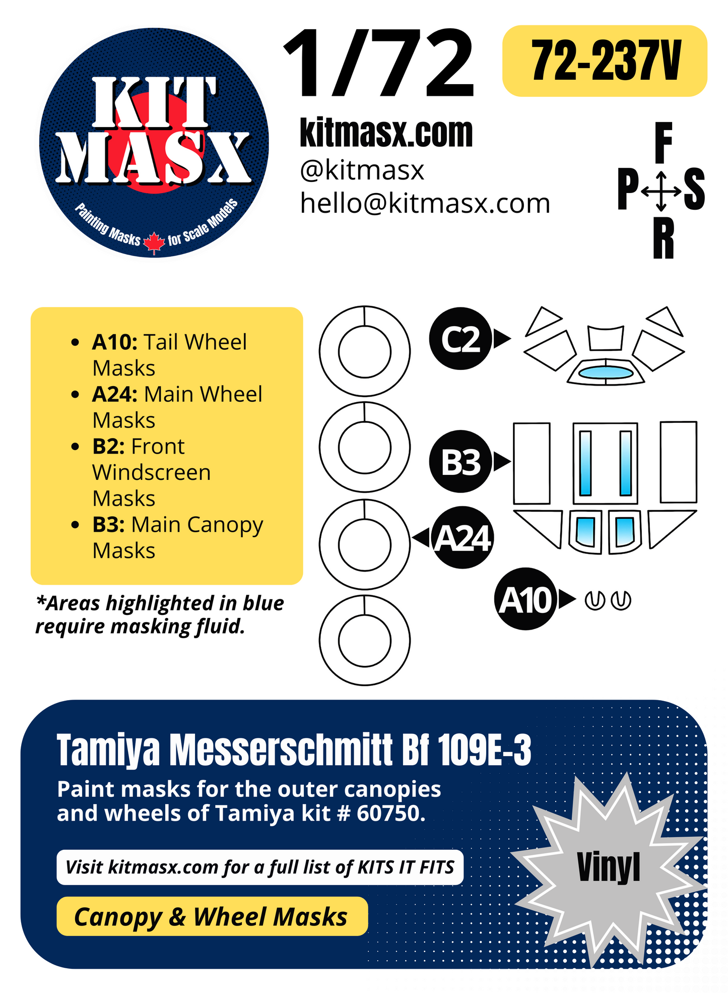 Tamiya Messerschmitt Bf 109E-3 1/72 Canopy & Wheel Paint Masks, Kit # 60750