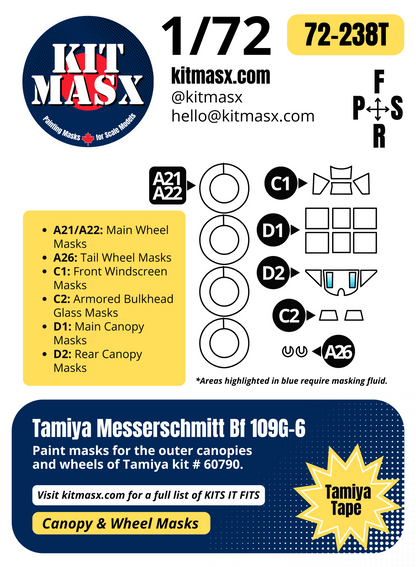 Tamiya Messerschmitt Bf 109G-6 1/72 Canopy & Wheel Paint Masks, Kit # 60790