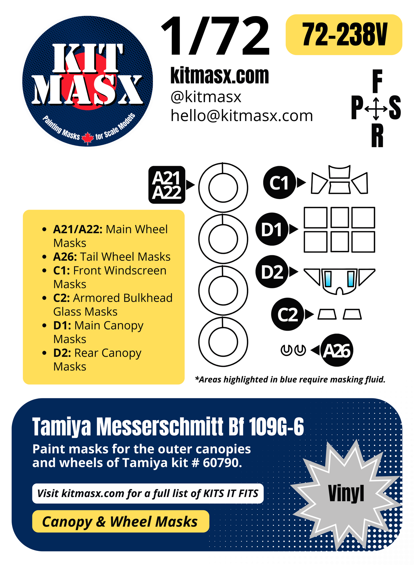 Tamiya Messerschmitt Bf 109G-6 1/72 Canopy & Wheel Paint Masks, Kit # 60790