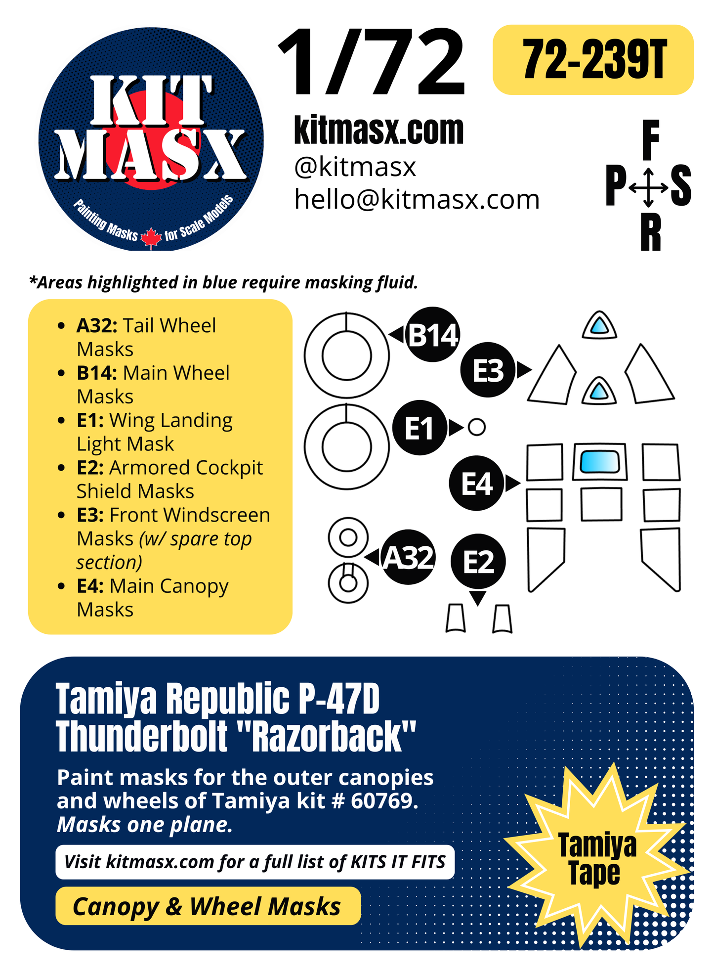 Tamiya Republic P-47D Thunderbolt "Razorback" 1/72 Canopy & Wheel Paint Masks, Kit # 60769