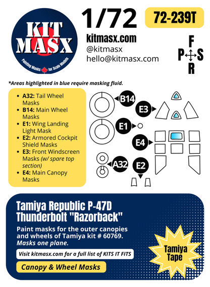 Tamiya Republic P-47D Thunderbolt "Razorback" 1/72 Canopy & Wheel Paint Masks, Kit # 60769