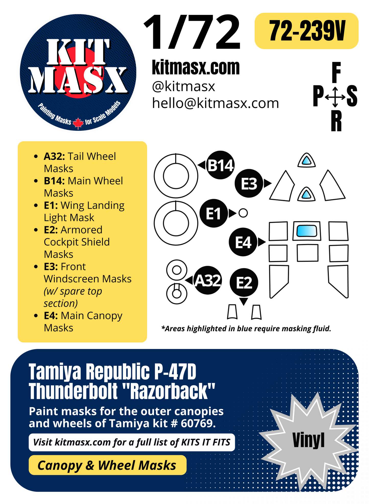 Tamiya Republic P-47D Thunderbolt "Razorback" 1/72 Canopy & Wheel Paint Masks, Kit # 60769