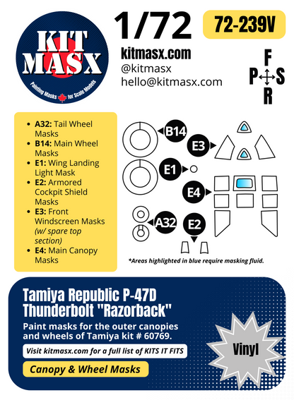 Tamiya Republic P-47D Thunderbolt "Razorback" 1/72 Canopy & Wheel Paint Masks, Kit # 60769