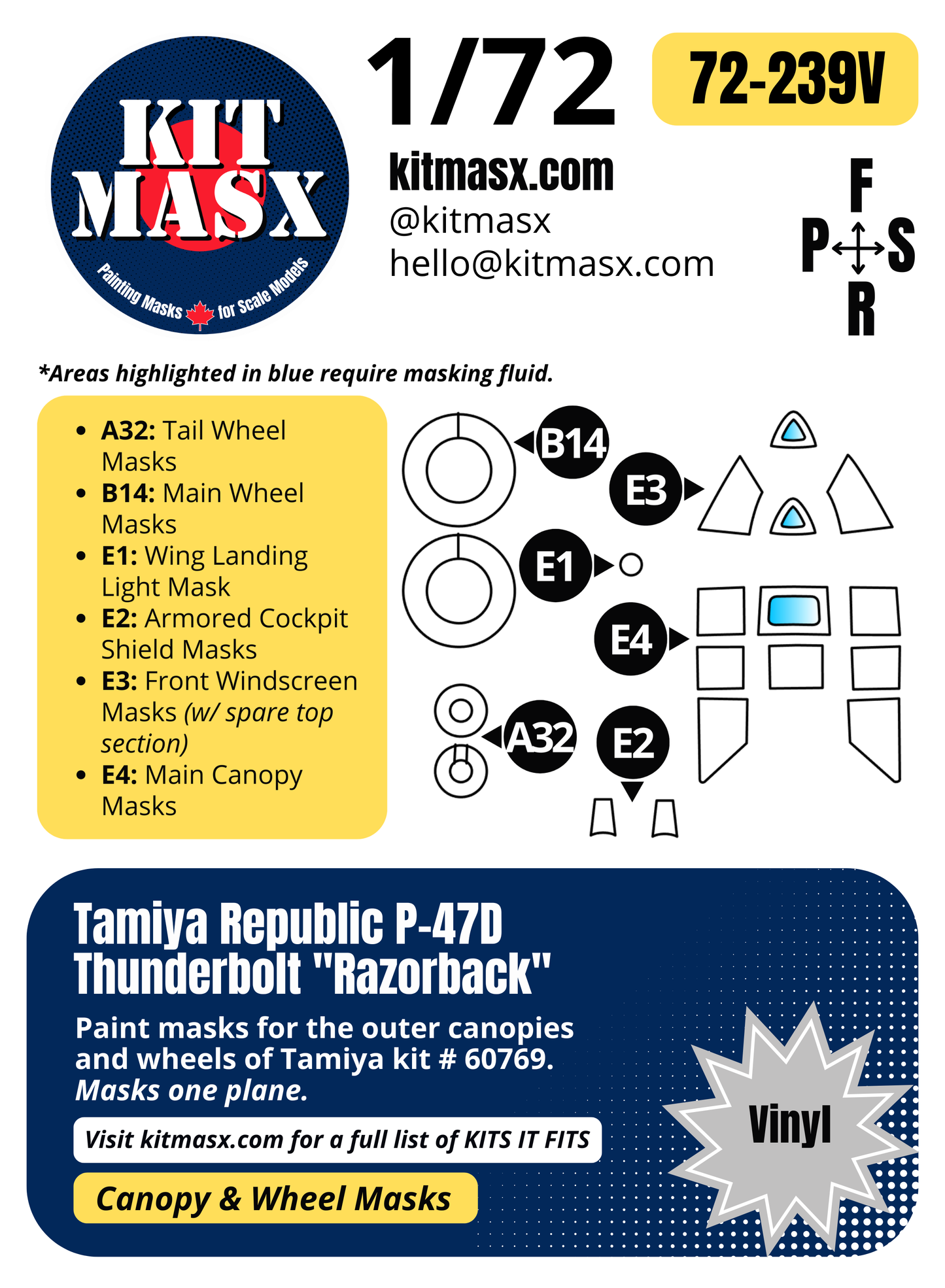 Tamiya Republic P-47D Thunderbolt "Razorback" 1/72 Canopy & Wheel Paint Masks, Kit # 60769