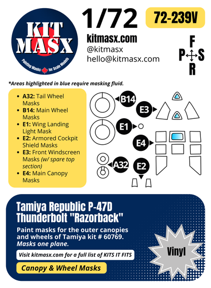 Tamiya Republic P-47D Thunderbolt "Razorback" 1/72 Canopy & Wheel Paint Masks, Kit # 60769