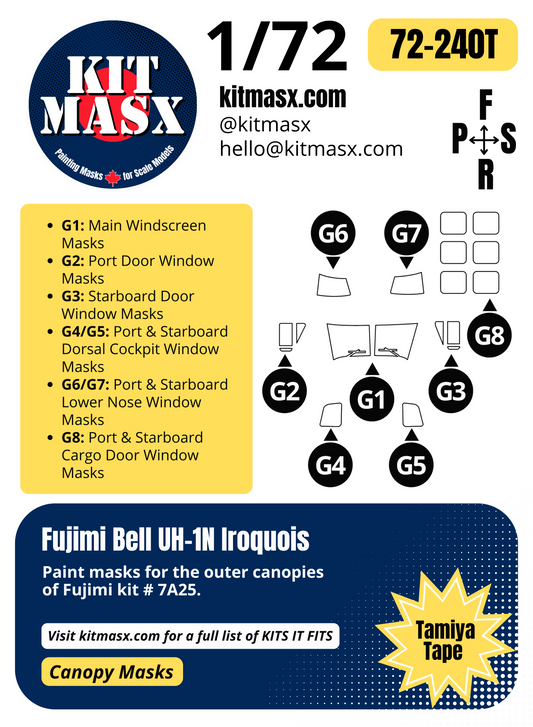 Fujimi Bell UH-1N Iroquois 1/72 Canopy Paint Masks, Kit # 7A25