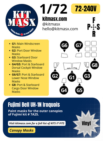 Fujimi Bell UH-1N Iroquois 1/72 Canopy Paint Masks, Kit # 7A25