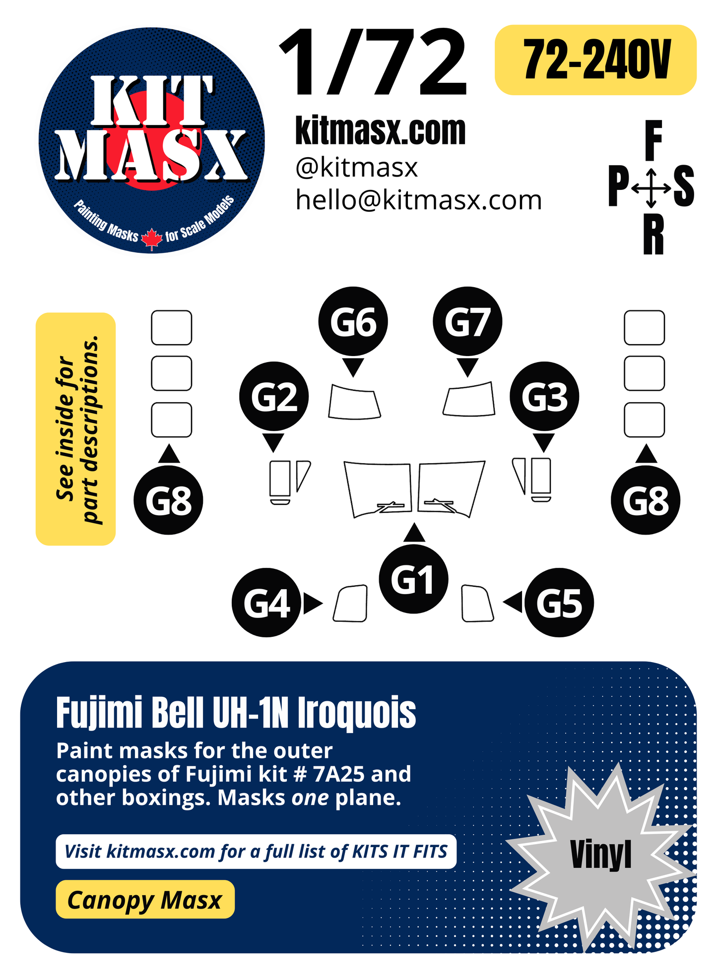 Fujimi Bell UH-1N Iroquois 1/72 Canopy Paint Masks, Kit # 7A25