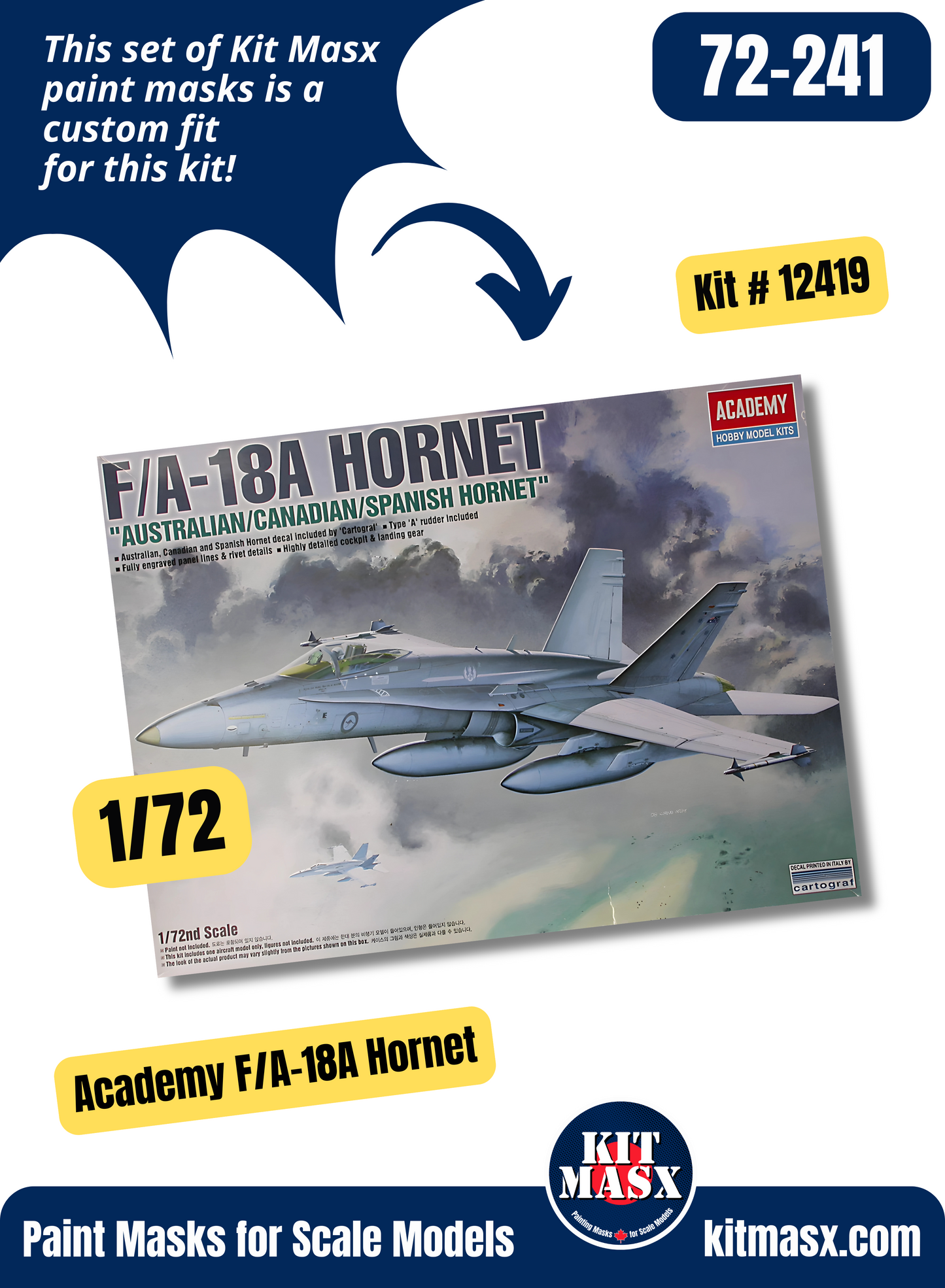 Academy McDonnell Douglas F/A-18A, F/A-18C, CF-18A Hornet Single Seat 1/72 Canopy & Wheel Paint Masks, Kit # 12419