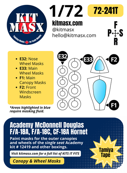 Academy McDonnell Douglas F/A-18A, F/A-18C, CF-18A Hornet Single Seat 1/72 Canopy & Wheel Paint Masks, Kit # 12419
