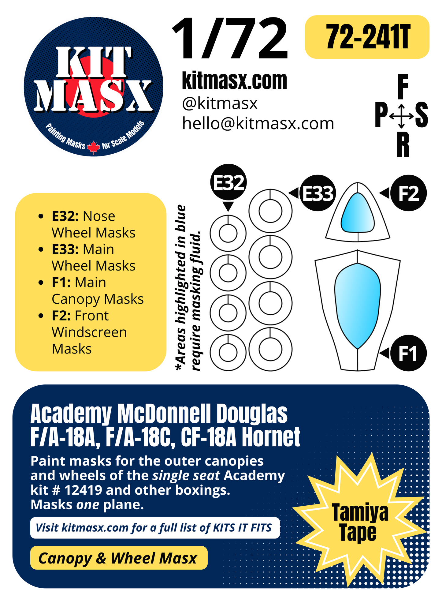 Academy McDonnell Douglas F/A-18A, F/A-18C, CF-18A Hornet Single Seat 1/72 Canopy & Wheel Paint Masks, Kit # 12419