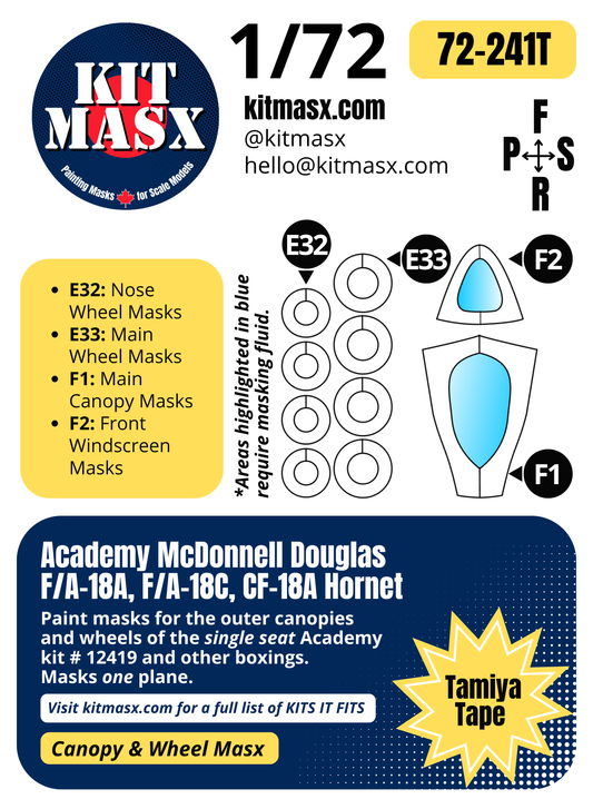 Academy McDonnell Douglas F/A-18A, F/A-18C, CF-18A Hornet Single Seat 1/72 Canopy & Wheel Paint Masks, Kit # 12419