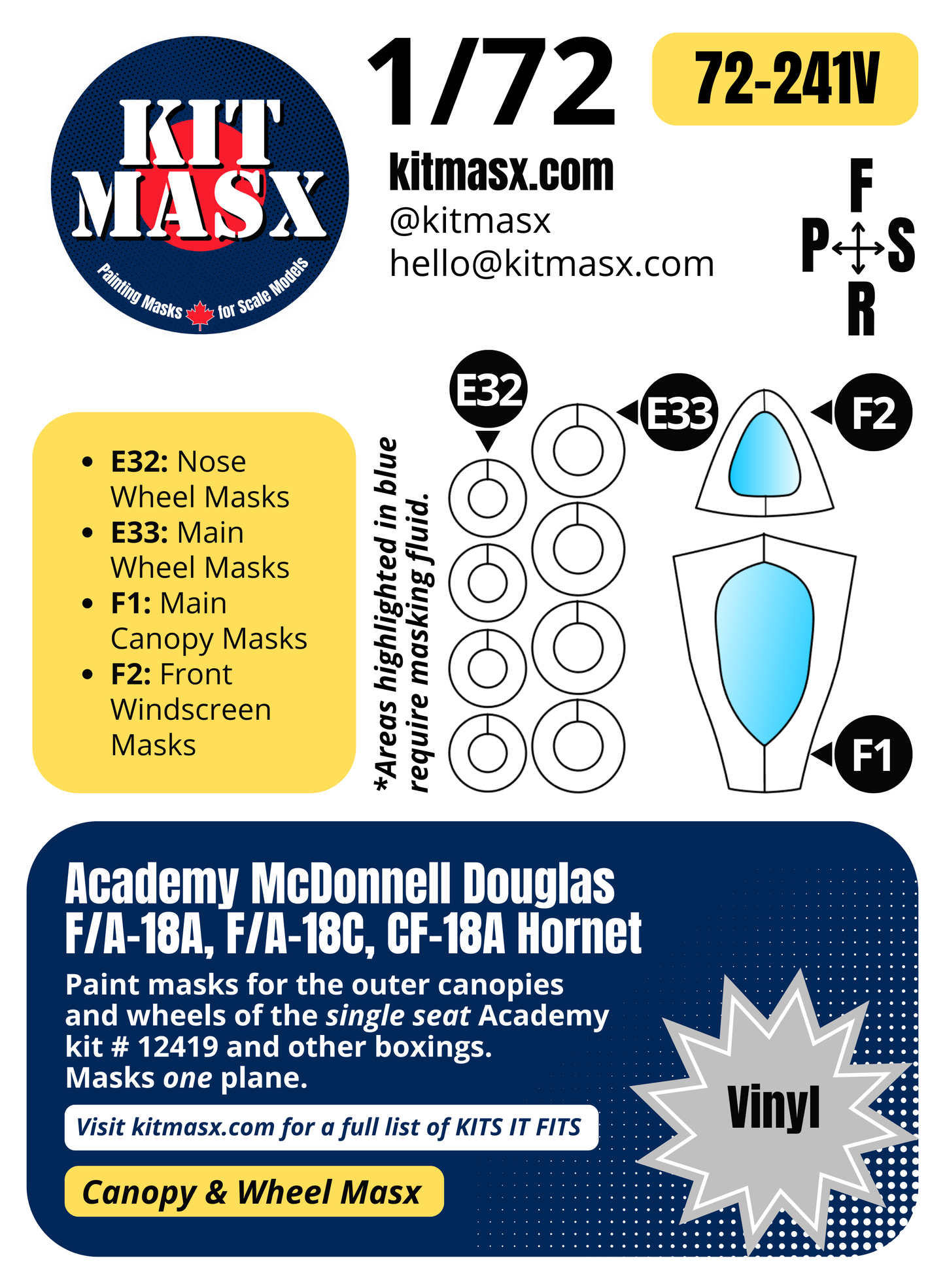 Academy McDonnell Douglas F/A-18A, F/A-18C, CF-18A Hornet Single Seat 1/72 Canopy & Wheel Paint Masks, Kit # 12419