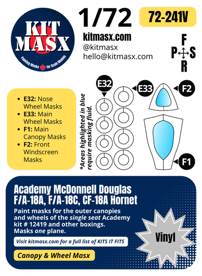 Academy McDonnell Douglas F/A-18A, F/A-18C, CF-18A Hornet Single Seat 1/72 Canopy & Wheel Paint Masks, Kit # 12419