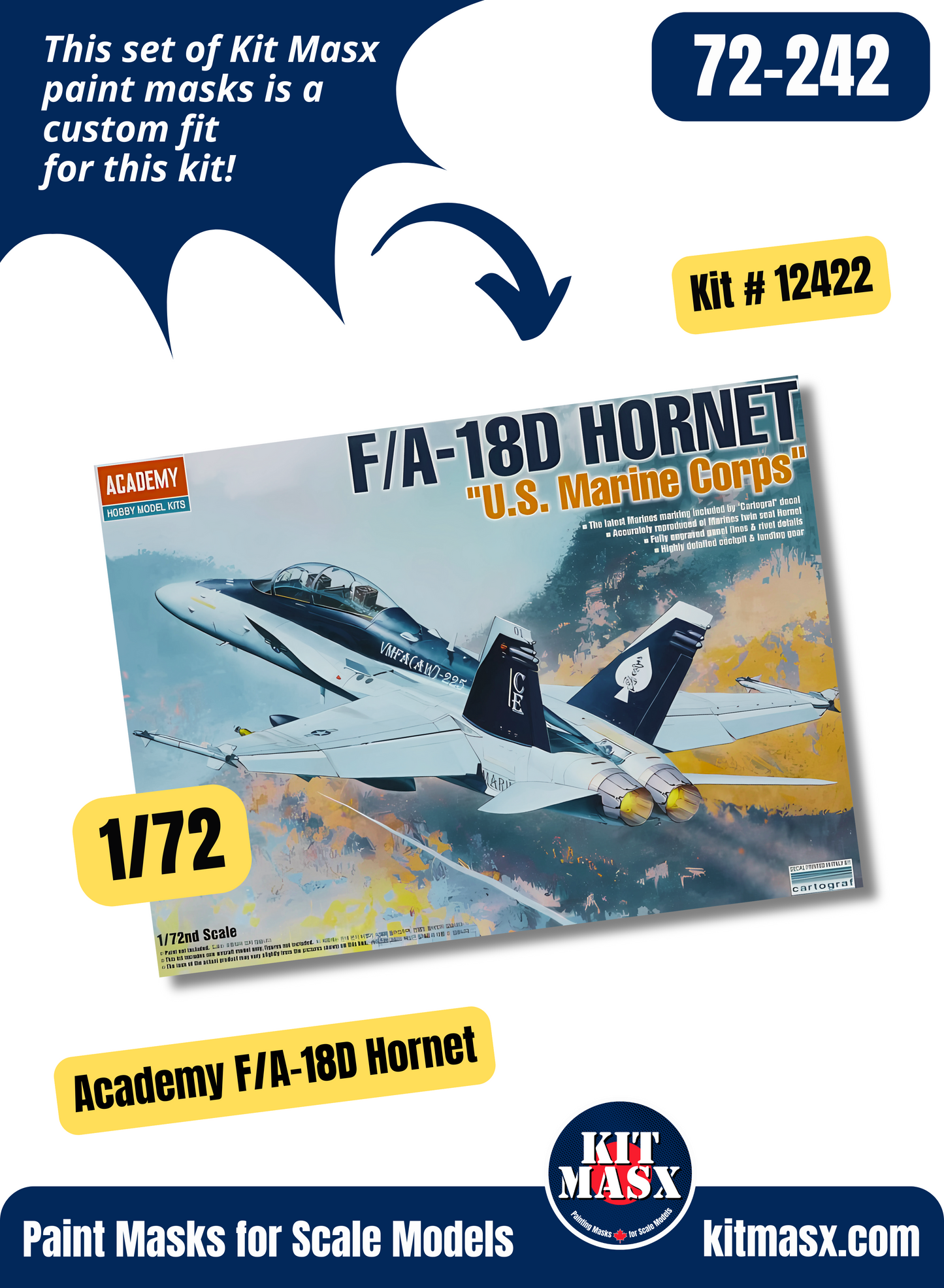 Academy McDonnell Douglas F/A-18D Hornet Two-Seater 1/72 Canopy & Wheel Paint Masks, Kit # 12422