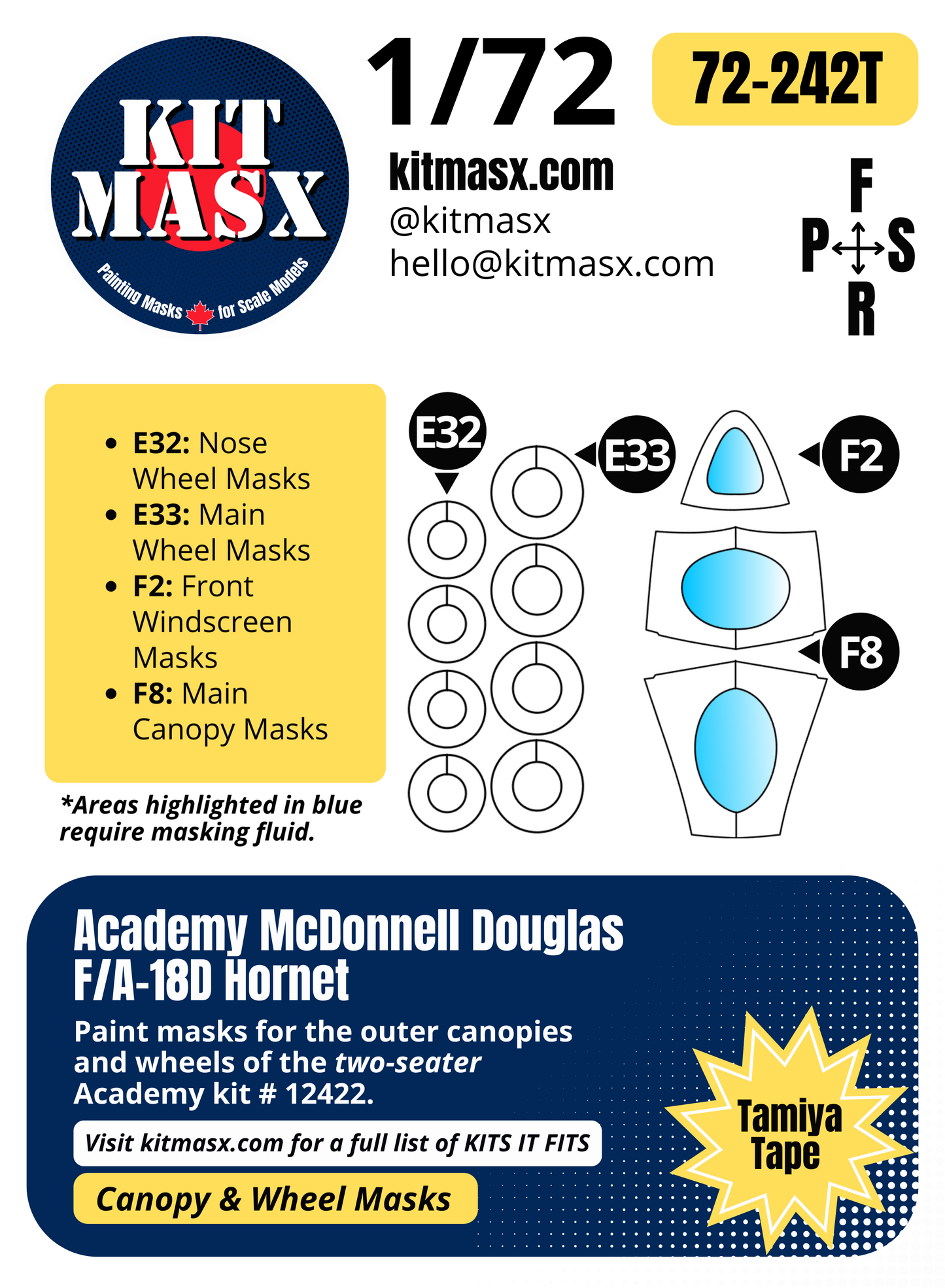 Academy McDonnell Douglas F/A-18D Hornet Two-Seater 1/72 Canopy & Wheel Paint Masks, Kit # 12422
