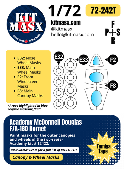 Academy McDonnell Douglas F/A-18D Hornet Two-Seater 1/72 Canopy & Wheel Paint Masks, Kit # 12422