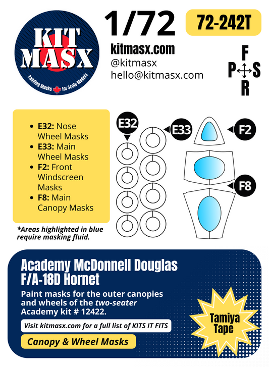 Academy McDonnell Douglas F/A-18D Hornet Two-Seater 1/72 Canopy & Wheel Paint Masks, Kit # 12422
