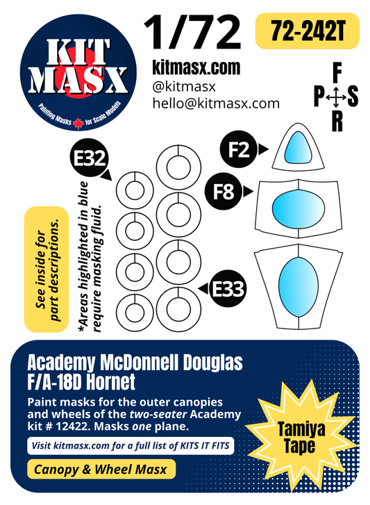 Academy McDonnell Douglas F/A-18D Hornet Two-Seater 1/72 Canopy & Wheel Paint Masks, Kit # 12422 (72242)