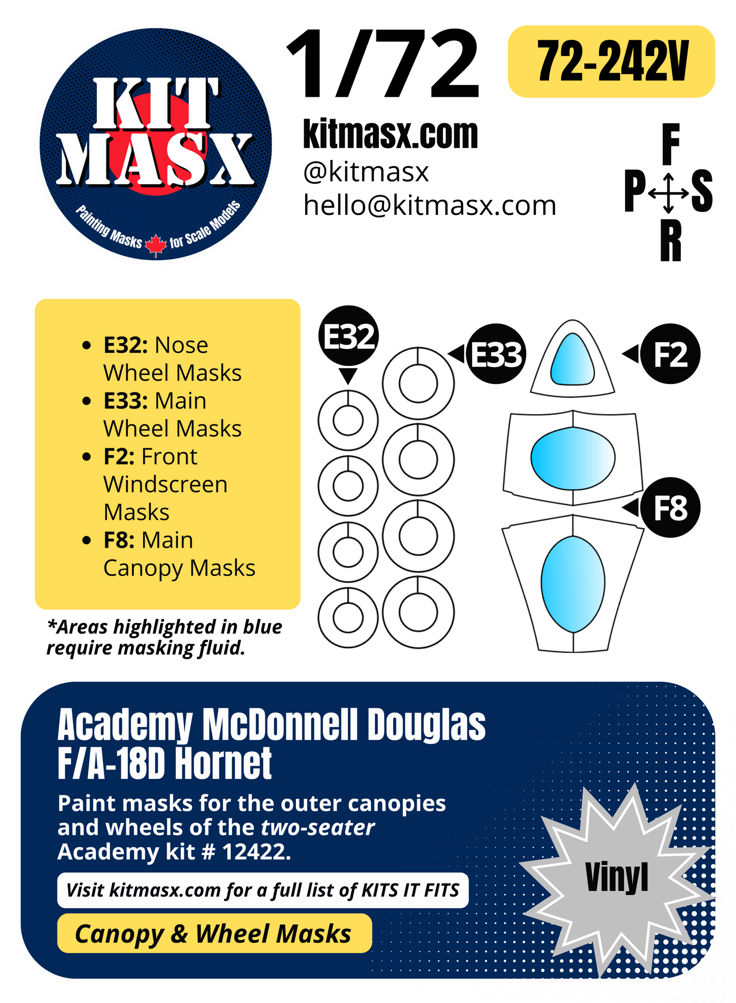 Academy McDonnell Douglas F/A-18D Hornet Two-Seater 1/72 Canopy & Wheel Paint Masks, Kit # 12422