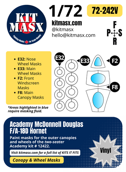 Academy McDonnell Douglas F/A-18D Hornet Two-Seater 1/72 Canopy & Wheel Paint Masks, Kit # 12422