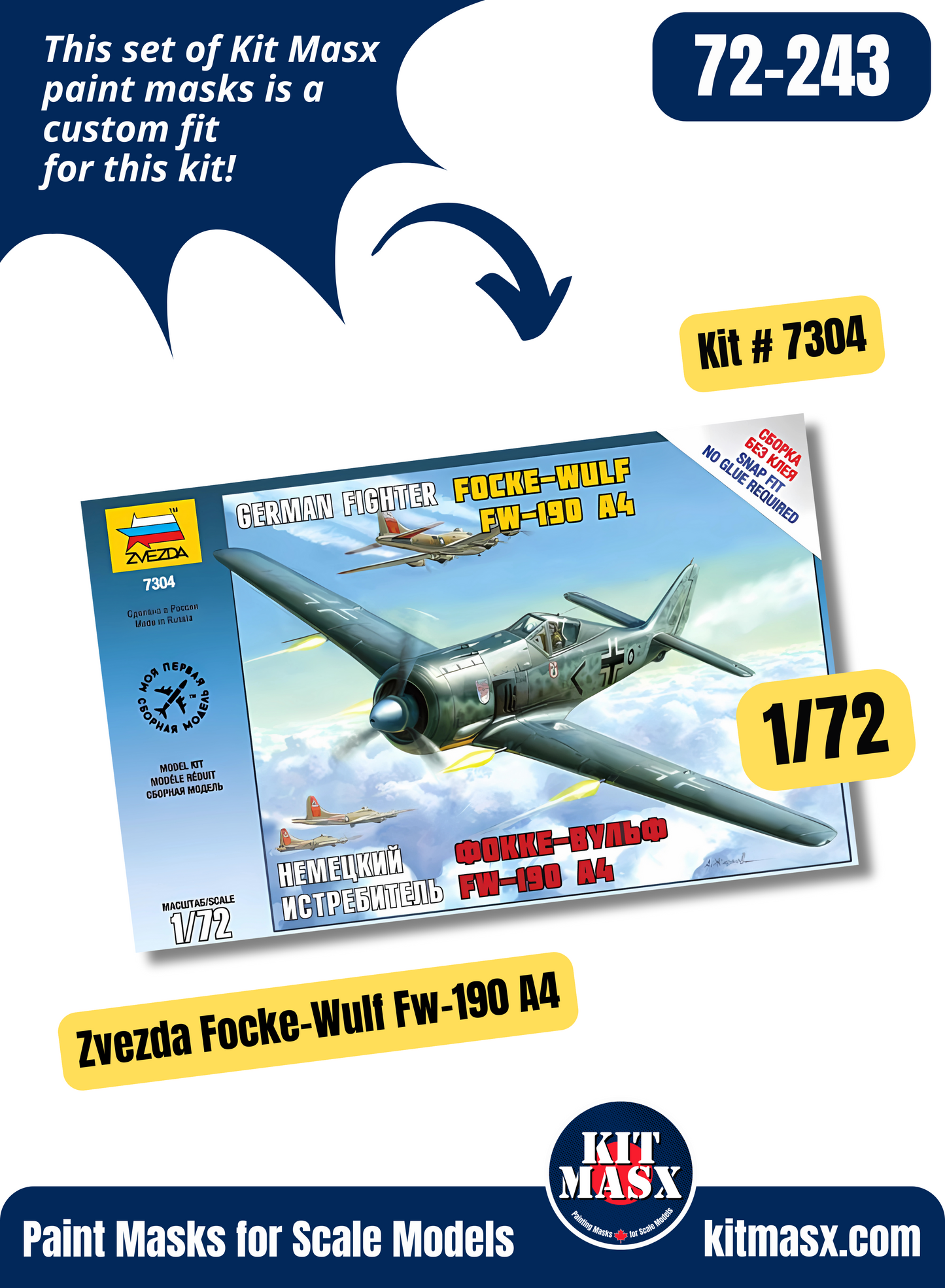 Zvezda Focke-Wulf Fw-190 A4 1/72 Canopy & Wheel Paint Masks, Kit # 7304