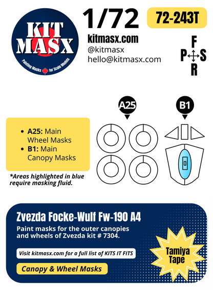 Zvezda Focke-Wulf Fw-190 A4 1/72 Canopy & Wheel Paint Masks, Kit # 7304