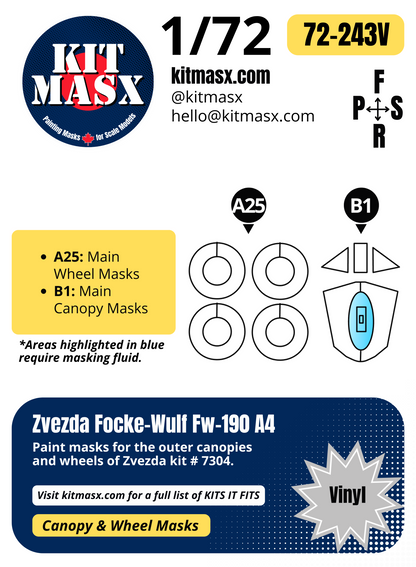 Zvezda Focke-Wulf Fw-190 A4 1/72 Canopy & Wheel Paint Masks, Kit # 7304