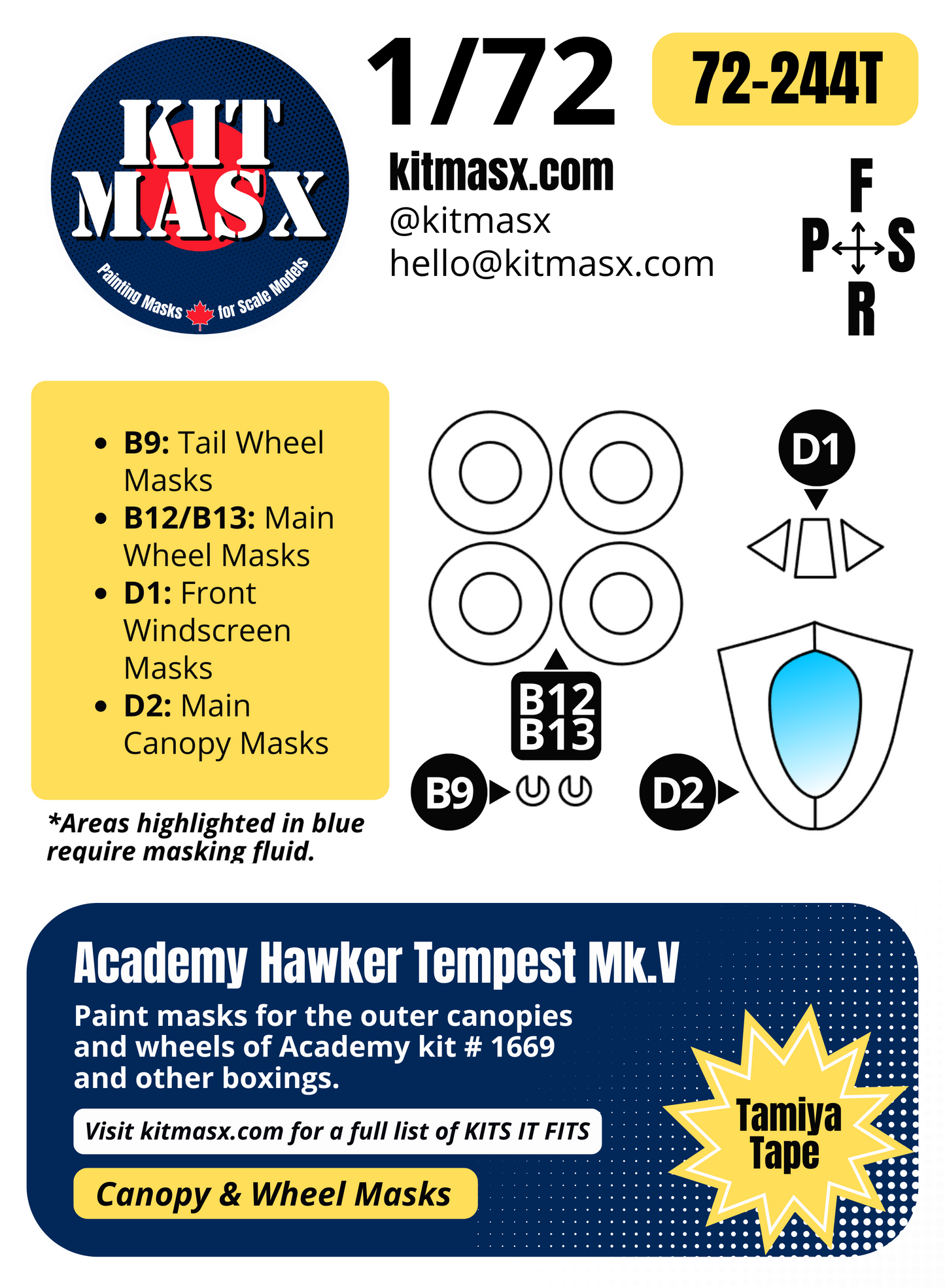 Academy Hawker Tempest Mk.V 1/72 Canopy & Wheel Paint Masks, Kit # 1669