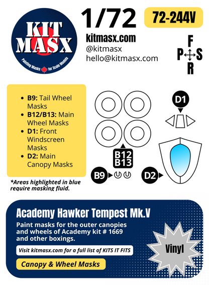 Academy Hawker Tempest Mk.V 1/72 Canopy & Wheel Paint Masks, Kit # 1669