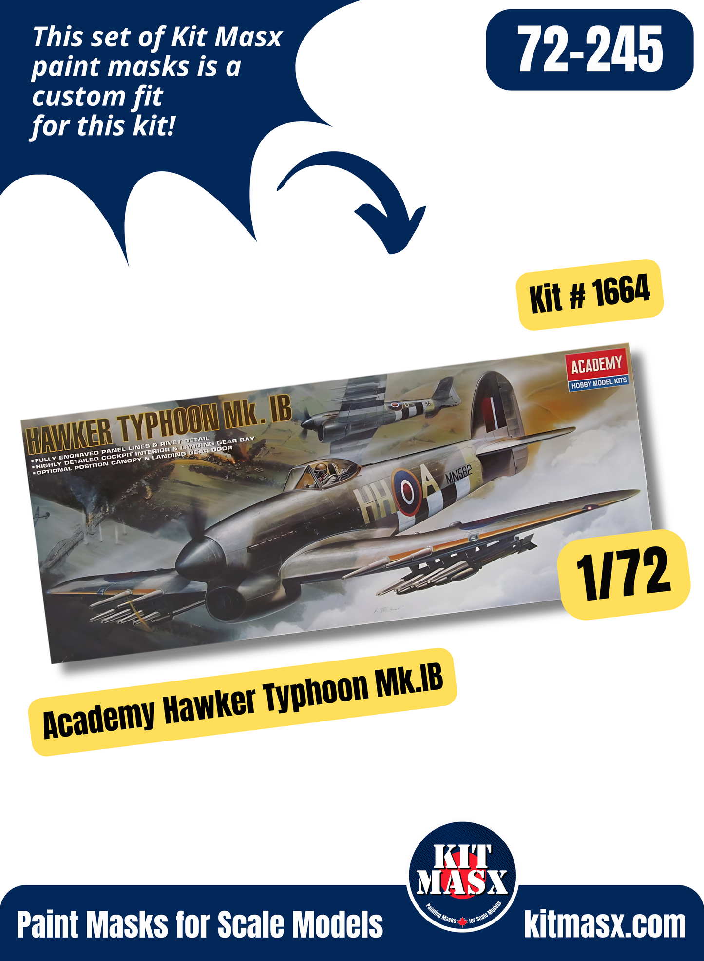 Academy Hawker Typhoon Mk.IB 1/72 Canopy & Wheel Paint Masks, Kit # 1664