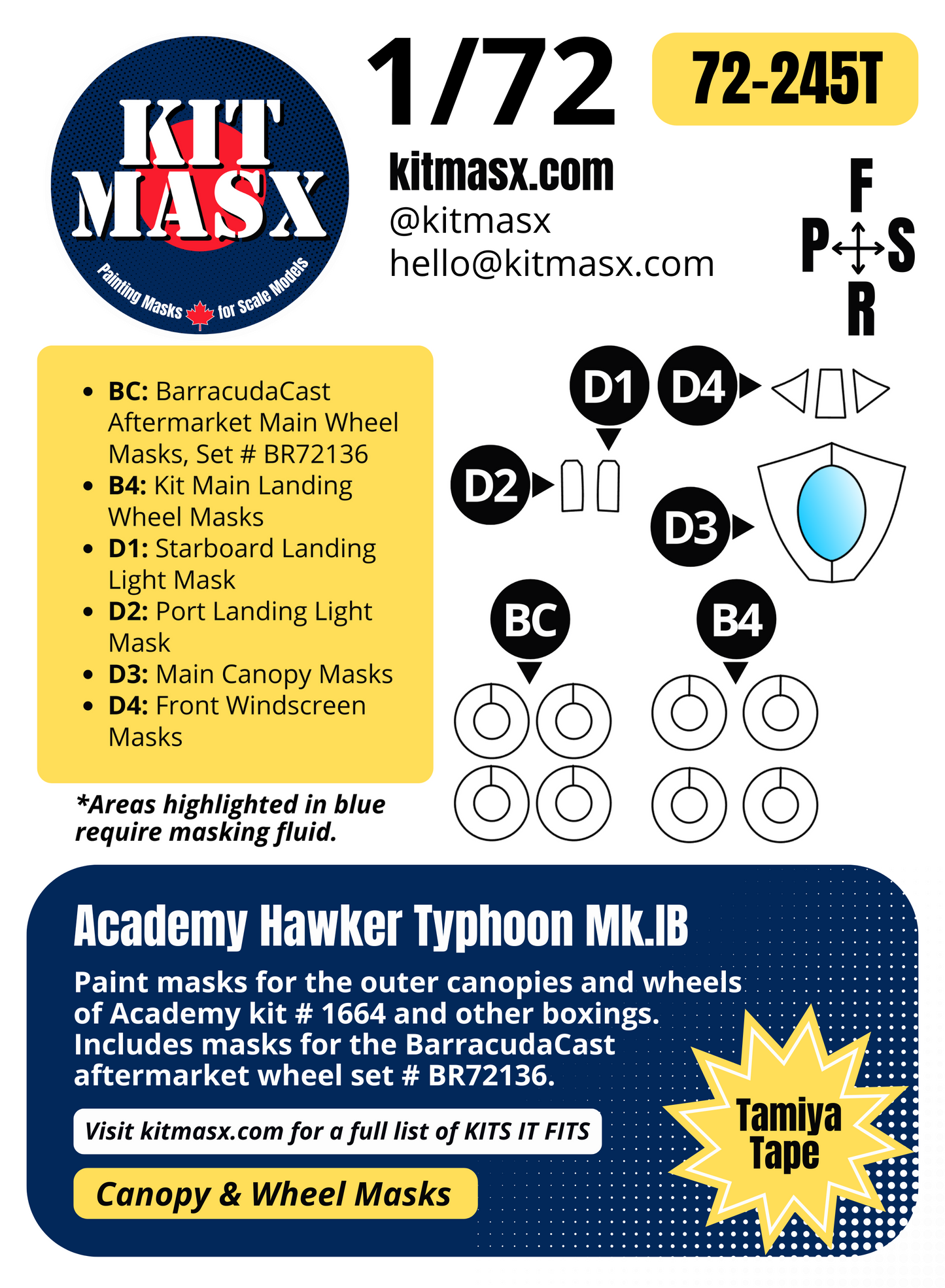 Academy Hawker Typhoon Mk.IB 1/72 Canopy & Wheel Paint Masks, Kit # 1664