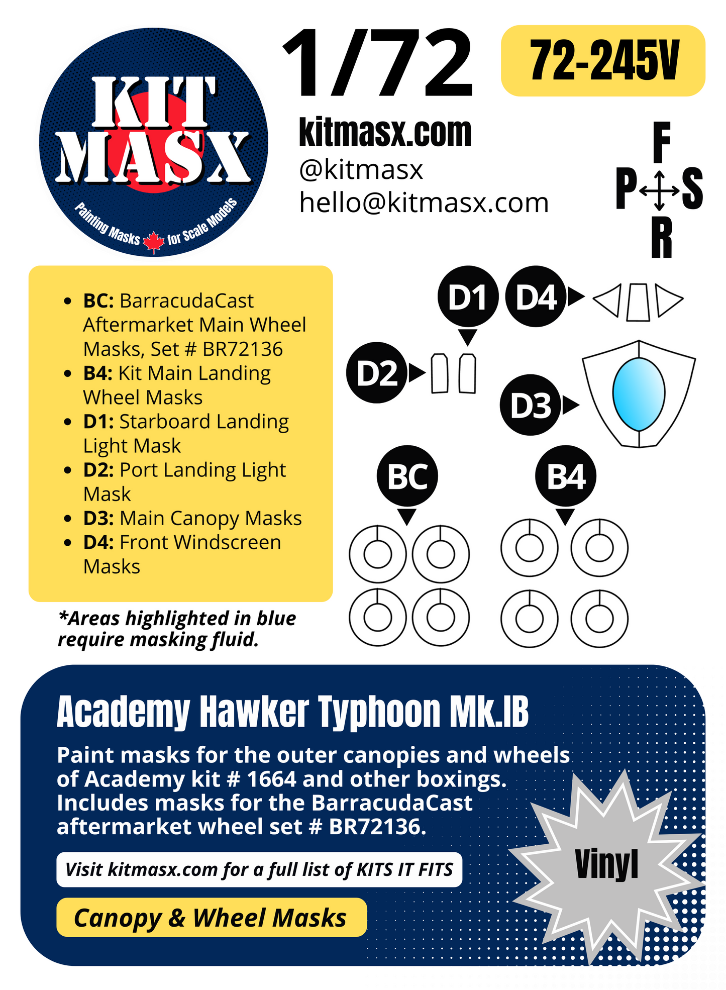 Academy Hawker Typhoon Mk.IB 1/72 Canopy & Wheel Paint Masks, Kit # 1664