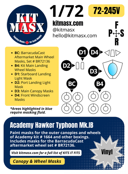 Academy Hawker Typhoon Mk.IB 1/72 Canopy & Wheel Paint Masks, Kit # 1664
