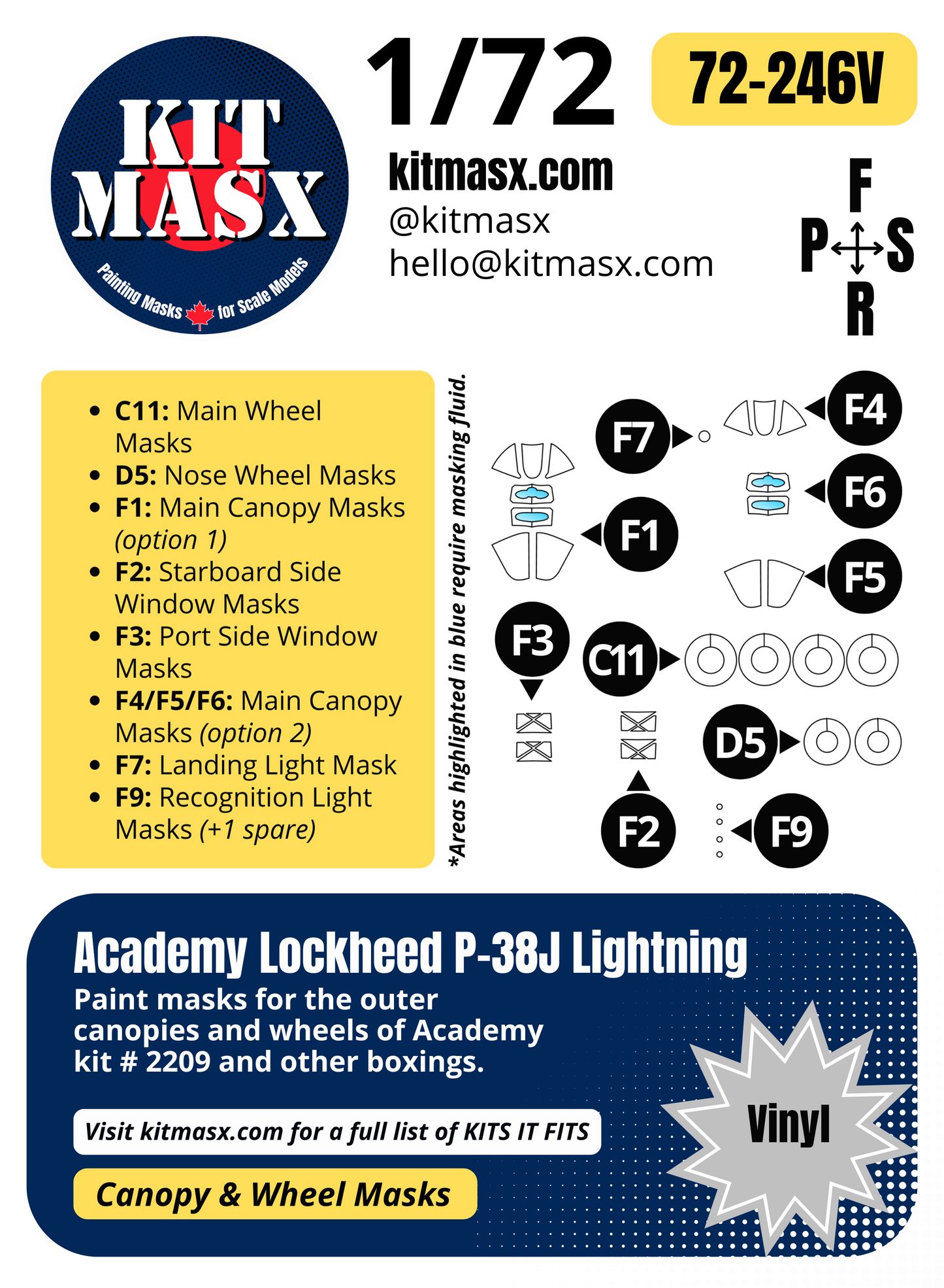 Academy Lockheed P-38J Lightning 1/72 Canopy & Wheel Paint Masks, Kit # 2209