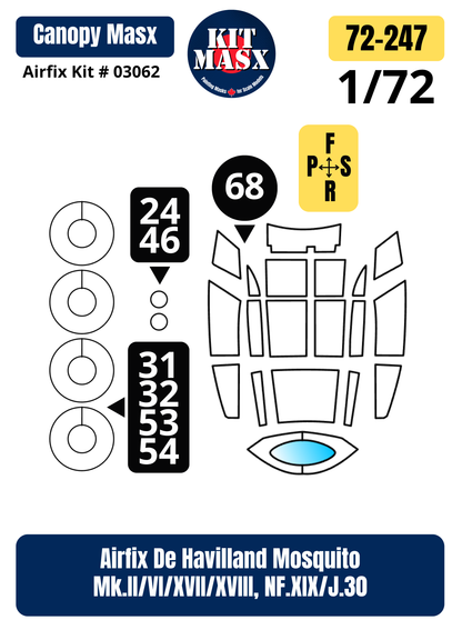 Airfix De Havilland Mosquito Mk.II/VI/XVII/XVIII, NF.XIX/J.30 1/72 Canopy & Wheel Paint Masks, Kit # 03062 (72247)
