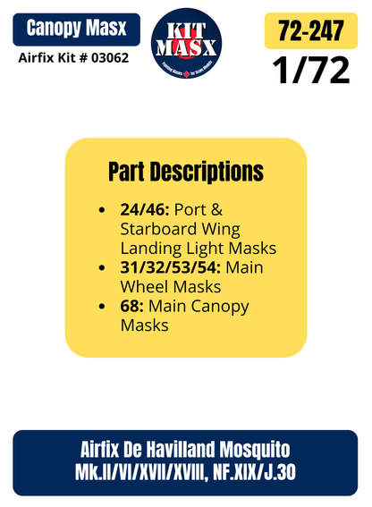 Airfix De Havilland Mosquito Mk.II/VI/XVII/XVIII, NF.XIX/J.30 1/72 Canopy & Wheel Paint Masks, Kit # 03062 (72247)