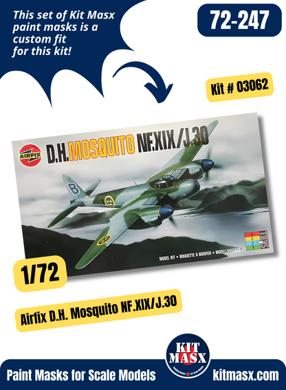 Airfix De Havilland Mosquito Mk.II/VI/XVII/XVIII, NF.XIX/J.30 1/72 Canopy & Wheel Paint Masks, Kit # 03062