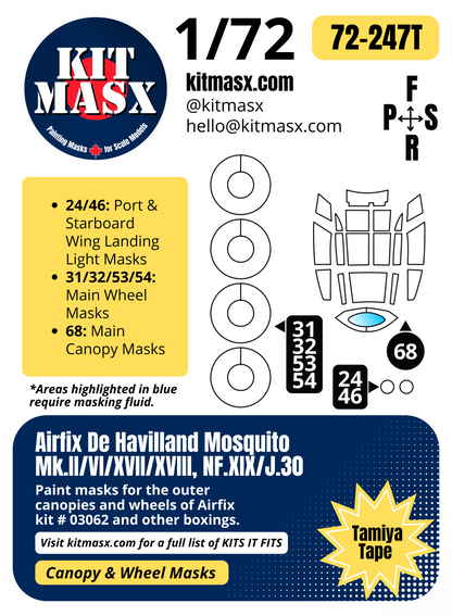 Airfix De Havilland Mosquito Mk.II/VI/XVII/XVIII, NF.XIX/J.30 1/72 Canopy & Wheel Paint Masks, Kit # 03062