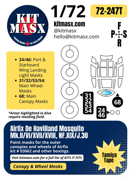 Airfix De Havilland Mosquito Mk.II/VI/XVII/XVIII, NF.XIX/J.30 1/72 Canopy & Wheel Paint Masks, Kit # 03062
