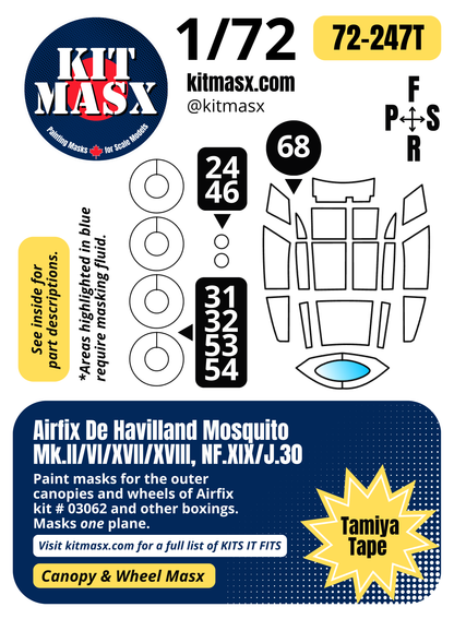 Airfix De Havilland Mosquito Mk.II/VI/XVII/XVIII, NF.XIX/J.30 1/72 Canopy & Wheel Paint Masks, Kit # 03062 (72247)